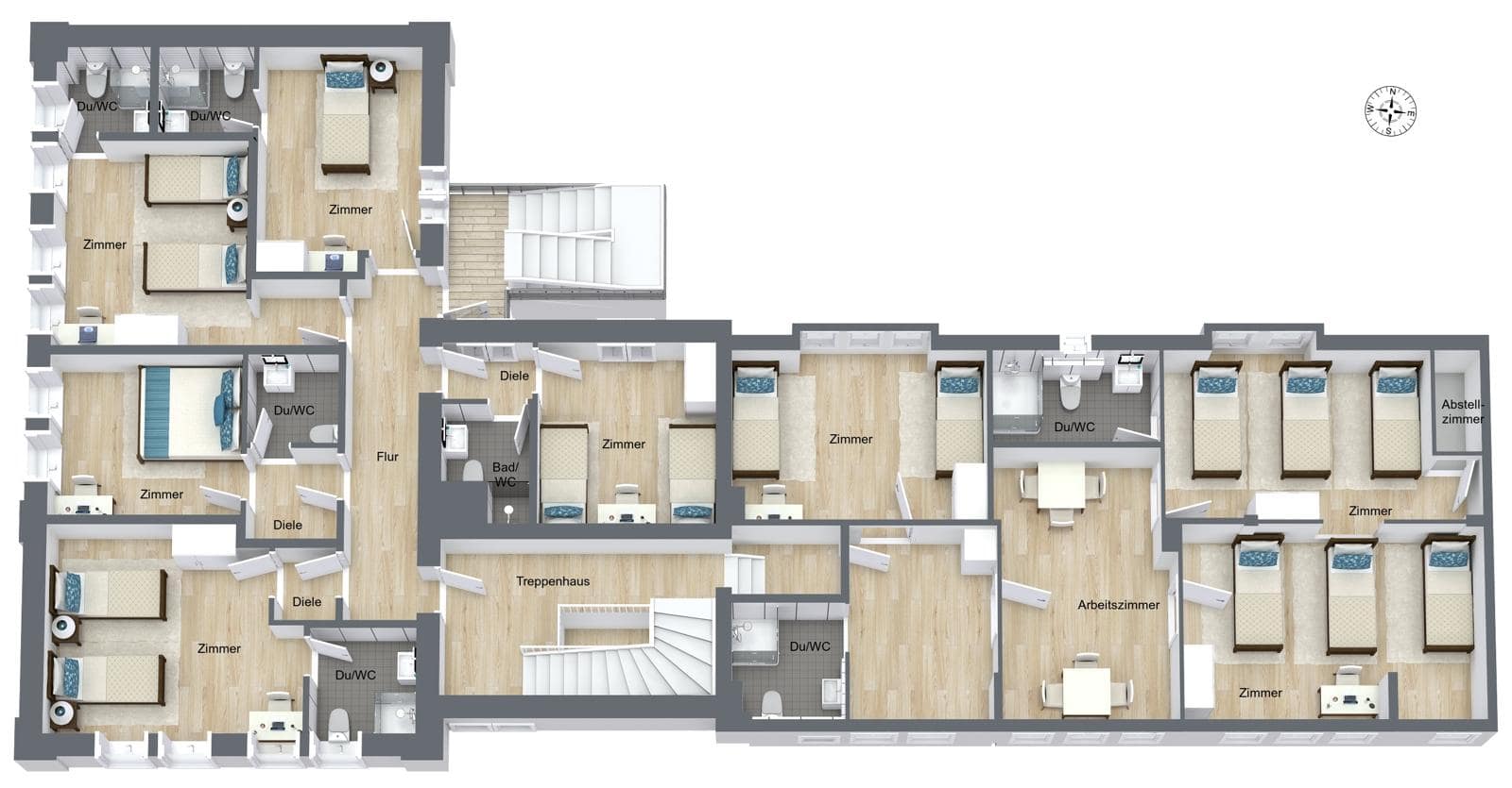Grundriss 1. Obergeschoss mit sechs Zimmern und Wohnung